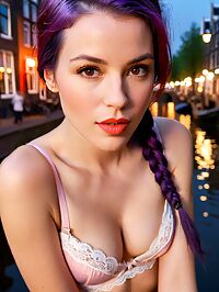 Purple haired woman with pink lingerie in Amsterdam's Red Light District